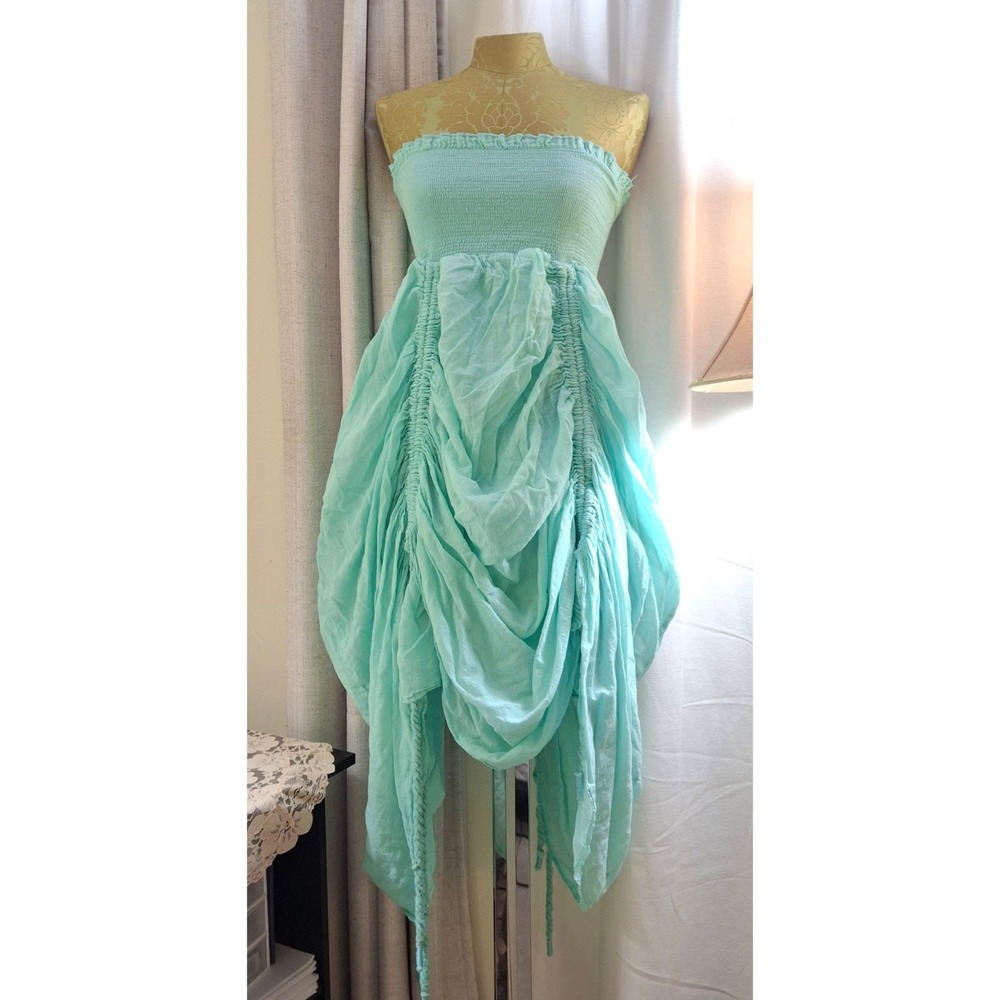 Lapis Seafoam Cotton Ruched Tube Top Dress Boho Fairy Beach Summer Luxury Small